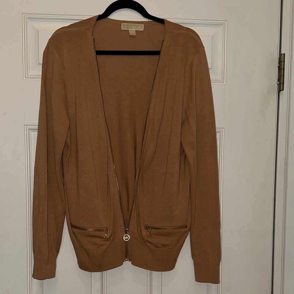 MICHAEL Michael Kors Camel Zip Cardigan with Gold-Tone Hardware